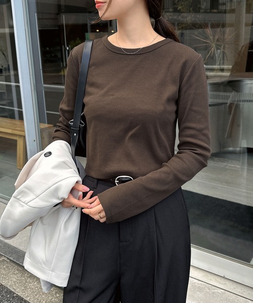 新色追加】テレコリブショート丈クルーネックトップス（Tシャツ