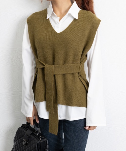 Miniministore（ミニミニストア）の「ベルト付きニットベストニットジレVネック（ベスト・レディース・アイボリー/オリーブ/テラコッタ/ブラック/グレー/ネイビー・FREE）」の7枚目の写真