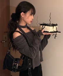 オフショルダーシャーリング縦リブニット+マフラーセット