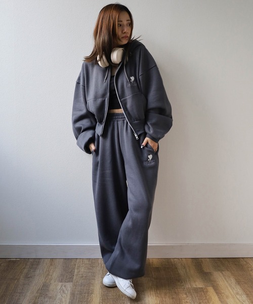【セール】【別注 上下セット ルームウェア】クロップド丈 ジップパーカー & スウェットワイドパンツ(ドローコード付) ハートワンポイント刺繍 上下セットアップ/ 24AW（ルームウェア/パジャマ）｜make a ray!（メイク ア レイ！）