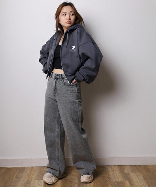 【セール】【別注 上下セット ルームウェア】クロップド丈 ジップパーカー & スウェットワイドパンツ(ドローコード付) ハートワンポイント刺繍 上下セットアップ/ 24AW（ルームウェア/パジャマ）｜make a ray!（メイク ア レイ！）