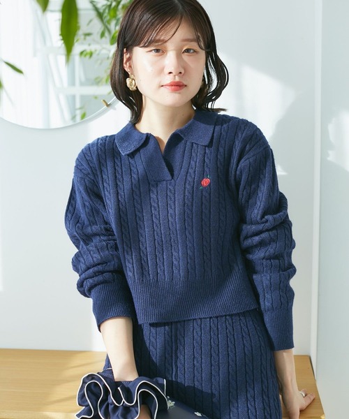 VIS（ビス）の「【DILIGENCE PARLOUR】VIS別注モデルローズ刺繍ポロケーブルニット【セットアップ対応】（ニット/セーター・レディース・ベージュ系その他/ネイビー・FREE）」の22枚目の写真