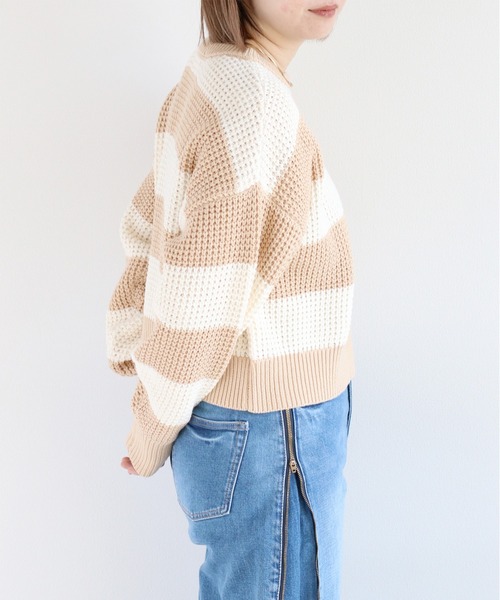 cepo(セポ)の「クロップド丈 ワッフル編みクルーネックプルオーバーニット(ニット/セーター・レディース・ベージュ系その他/ブラック系その他/サックスブルー/オフホワイト・M)」の5枚目の写真