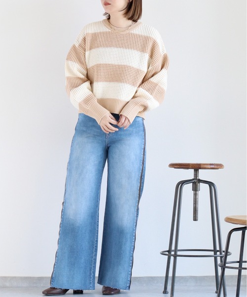 cepo(セポ)の「クロップド丈 ワッフル編みクルーネックプルオーバーニット(ニット/セーター・レディース・ベージュ系その他/ブラック系その他/サックスブルー/オフホワイト・M)」の7枚目の写真