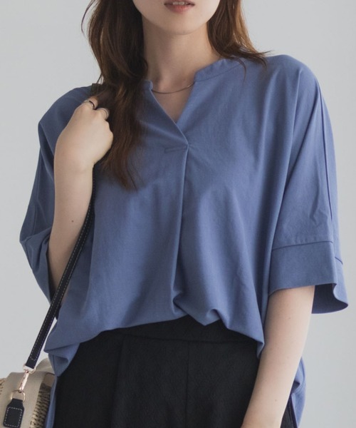 NAVY(ネイビー)の「nAvy SARARI 接触冷感 スキッパー5分袖ブラウス(Tシャツ/カットソー・レディース・ライトベージュ/ブラック/ホワイト/ブルー/ネイビー/ベージュ系/グリーン系/グレー・M/L)」の8枚目の写真