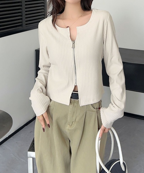 セール】Uネックリブジップアップトップス（Tシャツ/カットソー