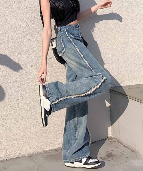 新品タグ付き【AUBREY】フリンジサイドラインデニムパンツ セール】サイドフリンジスリットパンツ ライン入りデニムパンツ