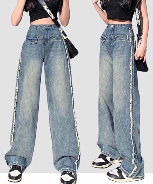 新品タグ付き【AUBREY】フリンジサイドラインデニムパンツ セール】サイドフリンジスリットパンツ ライン入りデニムパンツ