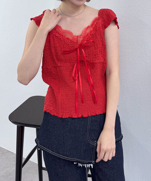 mline（エムライン）の「[mline]レースシャーリング フレンチT（Tシャツ/カットソー・レディース・アイボリー/レッド/カーキ・FREE）」の6枚目の写真