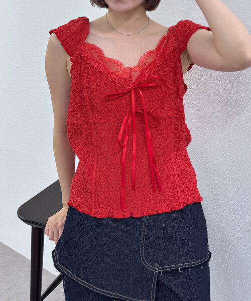 mline（エムライン）の「[mline]レースシャーリング フレンチT（Tシャツ/カットソー・レディース・アイボリー/レッド/カーキ・FREE）」の5枚目の写真
