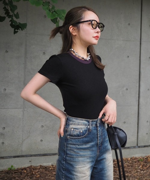 LAULEN(ローレン)の「lib crew neck ringer tee /配色 リブ リンガーTシャツ(Tシャツ/カットソー・レディース・ブラック/ベージュ/チャコールグレー/グレー・FREE)」の2枚目の写真