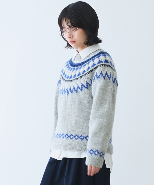 bulle de savon（ビュルデサボン）の「ネパールハンドニット ジグザグジャガード プルオーバー（ニット/セーター・レディース・ブルー/グレー・FREE）」の5枚目の写真