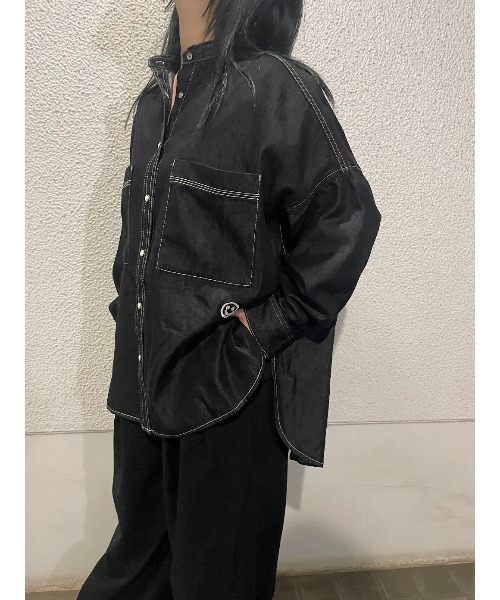 WORLD WIDE LOVE!（ワールドワイドラブ）の「デッドスマイルオーバーシャツ（シャツ/ブラウス・レディース・ブラック/ライトグレー・1）」の2枚目の写真