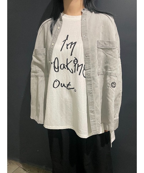 WORLD WIDE LOVE!（ワールドワイドラブ）の「デッドスマイルオーバーシャツ（シャツ/ブラウス・レディース・ブラック/ライトグレー・1）」の14枚目の写真