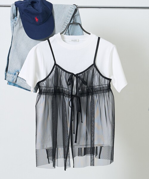 FREAK'S STORE(フリークスストア)の「【セットアイテム】チュールキャミソール Tシャツセット/シアービスチェセット(Tシャツ/カットソー・レディース・グレー/オフホワイト/サックスブルー/ブラック・フリ-)」の3枚目の写真