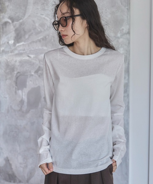 feepur(フェピュール)の「ベーシックシアーロンTee(Tシャツ/カットソー・レディース・オフホワイト/杢グレー/ブラック/ベージュ/オートミール/イエロー/ピンク・MEDIUM)」の13枚目の写真