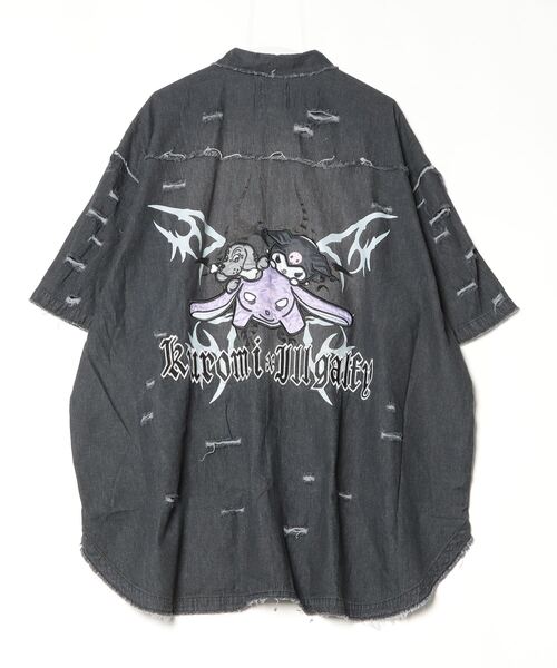 GALFY(ガルフィー)の「【GALFY/ガルフィー】×【KUROMI/クロミ】イルガルフィーボロボロデニム半袖BIGシャツ(シャツ/ブラウス・メンズ・ブラック/グレー・L/XL)」の15枚目の写真