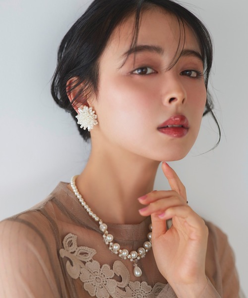 フラワー パール ビーズ イヤリング ｜ レディース 結婚式 パーティー