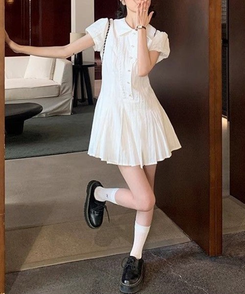 Miniministore(ミニミニストア)の「プリーツミニワンピース半袖 セットアップ春夏(ワンピース・レディース・ブラック/ホワイト・M/L)」の6枚目の写真
