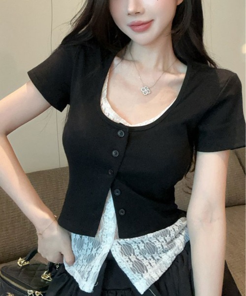 kirakiraShop(キラキラショップ)の「ドッキング レース トップス 半袖(Tシャツ/カットソー・レディース・ホワイト/ブラック/グレー・FREE)」の3枚目の写真