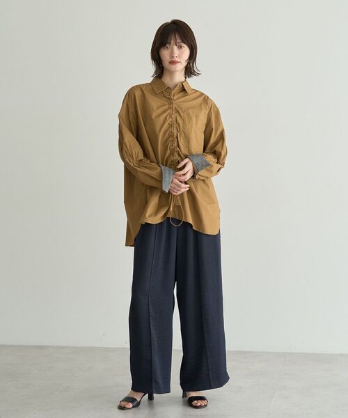 Editt by YECCA VECCA（エディットバイイェッカヴェッカ）の「ドロストデザインギャザーシャツ（シャツ/ブラウス・レディース・ストライプ/キャメル/グリーン・FREE）」の21枚目の写真