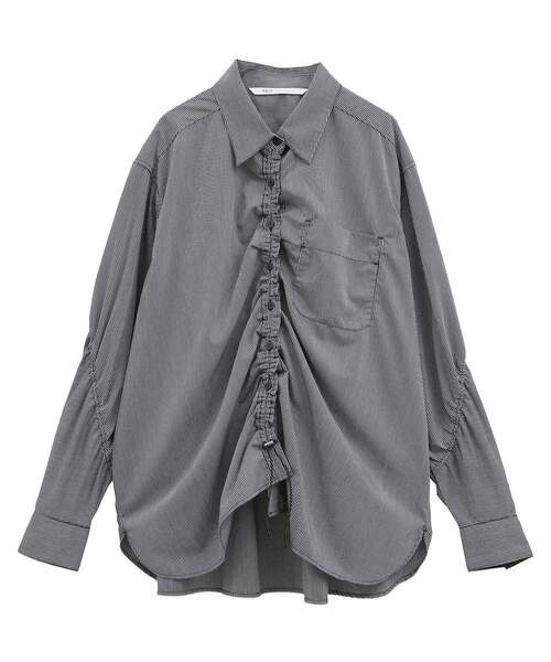 Editt by YECCA VECCA（エディットバイイェッカヴェッカ）の「ドロストデザインギャザーシャツ（シャツ/ブラウス・レディース・ストライプ/キャメル/グリーン・FREE）」の5枚目の写真