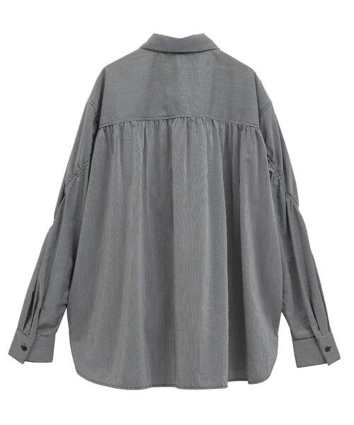 Editt by YECCA VECCA（エディットバイイェッカヴェッカ）の「ドロストデザインギャザーシャツ（シャツ/ブラウス・レディース・ストライプ/キャメル/グリーン・FREE）」の6枚目の写真