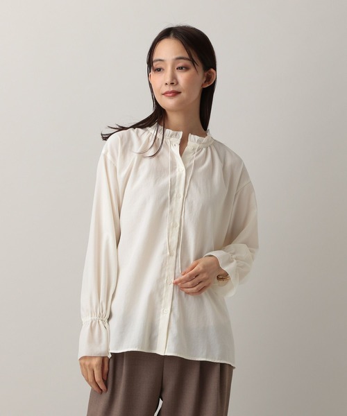 GLOBAL WORK（グローバルワーク）の「MATINEE LINE/フリルカラーネックブラウス/583846（シャツ/ブラウス・レディース・チェック/オフホワイト/ダークパープル・MEDIUM/LARGE）」の8枚目の写真