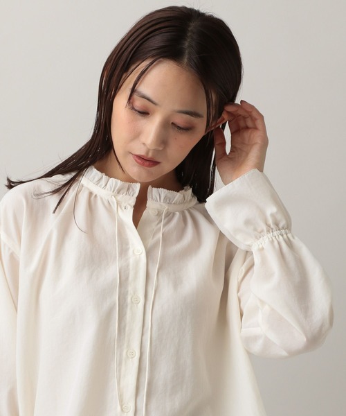 GLOBAL WORK（グローバルワーク）の「MATINEE LINE/フリルカラーネックブラウス/583846（シャツ/ブラウス・レディース・チェック/オフホワイト/ダークパープル・MEDIUM/LARGE）」の10枚目の写真