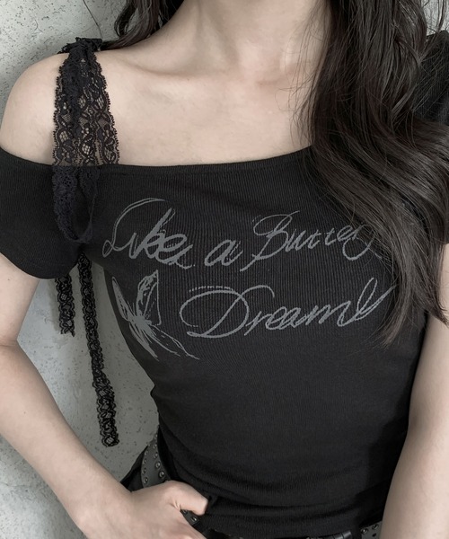 VEILA(ヴェイラ)の「バタフライプリント レースストラップ付きオフショルトップス(Tシャツ/カットソー・レディース・ブラック/グレー・フリー)」の6枚目の写真