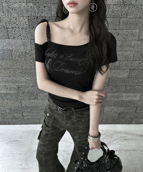 VEILA(ヴェイラ)の「バタフライプリント レースストラップ付きオフショルトップス(Tシャツ/カットソー・レディース・ブラック/グレー・フリー)」の15枚目の写真
