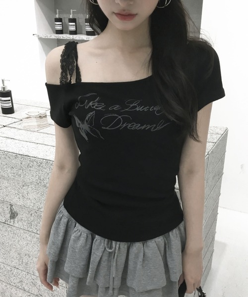 VEILA(ヴェイラ)の「バタフライプリント レースストラップ付きオフショルトップス(Tシャツ/カットソー・レディース・ブラック/グレー・フリー)」の16枚目の写真