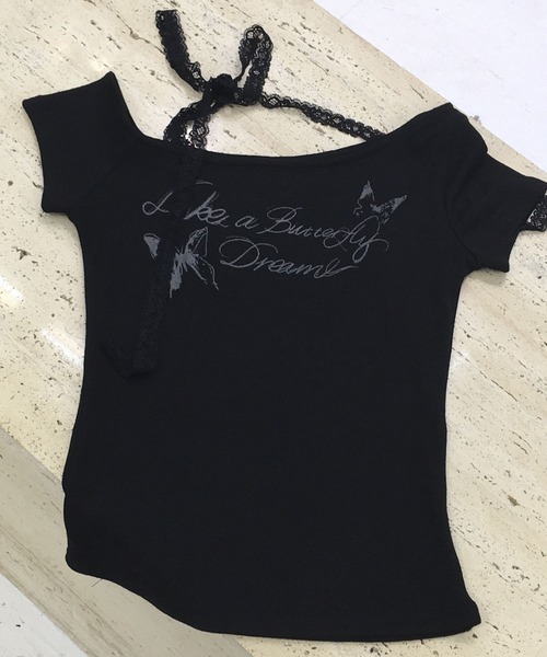 VEILA(ヴェイラ)の「バタフライプリント レースストラップ付きオフショルトップス(Tシャツ/カットソー・レディース・ブラック/グレー・フリー)」の20枚目の写真