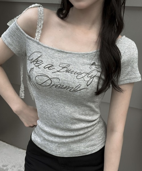 VEILA(ヴェイラ)の「バタフライプリント レースストラップ付きオフショルトップス(Tシャツ/カットソー・レディース・ブラック/グレー・フリー)」の22枚目の写真