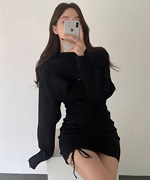 gossip!ロサンゼルス(ゴシップロサンゼルス)の「レイヤリングデザイン ミニ丈ニットワンピース(ワンピース・レディース・グレー/ブラック/カーキ・FREE)」の8枚目の写真
