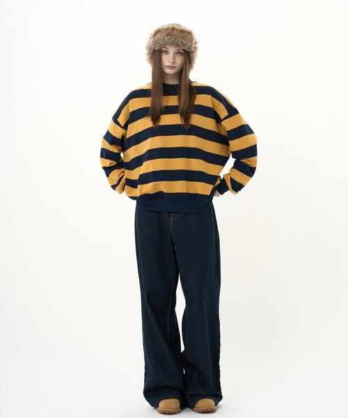 BENUA(ベヌア)の「striped sweatshirt/ボーダースウェット(スウェット・レディース・カーキ/ネイビー・FREE)」の4枚目の写真