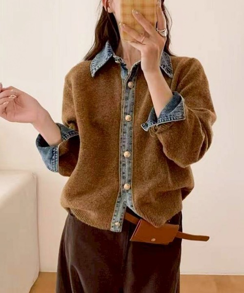 SpRay(スプレイ)の「【デニムMIXでこなれ感】デニム切替フェイクレイヤードニットカーディガン(カーディガン/ボレロ・レディース・チャコールグレー/ネイビー/グレー/ボルドー/オフホワイト/ブラウン/キャメル・FREE)」の6枚目の写真