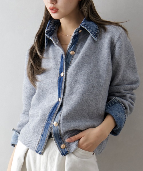 セール】【デニムMIXでこなれ感】デニム切替フェイクレイヤードニット