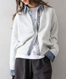 【デニムMIXでこなれ感】デニム切替フェイクレイヤードニットカーディガン