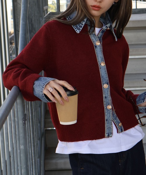 SpRay(スプレイ)の「【デニムMIXでこなれ感】デニム切替フェイクレイヤードニットカーディガン(カーディガン/ボレロ・レディース・チャコールグレー/ネイビー/グレー/ボルドー/オフホワイト/ブラウン/キャメル・FREE)」の7枚目の写真