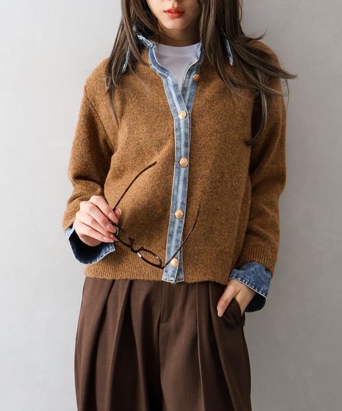 セール】【デニムMIXでこなれ感】デニム切替フェイクレイヤードニット