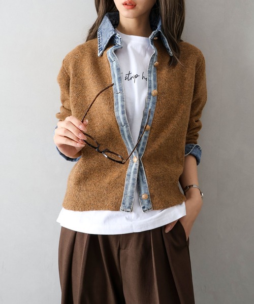 セール】【デニムMIXでこなれ感】デニム切替フェイクレイヤードニット