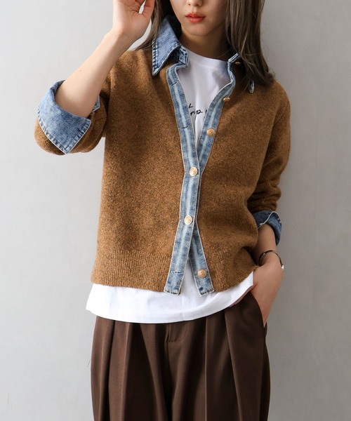 セール】【デニムMIXでこなれ感】デニム切替フェイクレイヤードニット