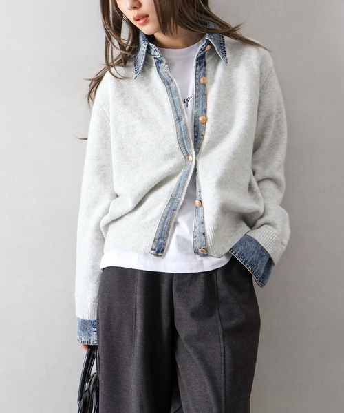 セール】【デニムMIXでこなれ感】デニム切替フェイクレイヤードニット