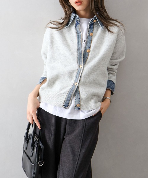 セール】【デニムMIXでこなれ感】デニム切替フェイクレイヤードニット