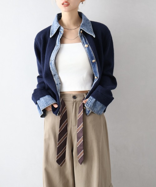 セール】【デニムMIXでこなれ感】デニム切替フェイクレイヤード