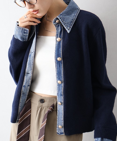 専用　デニム×ニット　素材切り替え　カーディガン カーディガン 異素材切り替え デニムドッキングニット