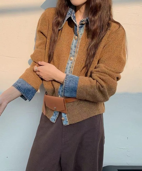 セール】【デニムMIXでこなれ感】デニム切替フェイクレイヤードニット