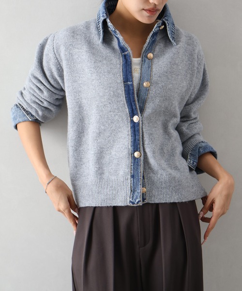 SpRay(スプレイ)の「【デニムMIXでこなれ感】デニム切替フェイクレイヤードニットカーディガン(カーディガン/ボレロ・レディース・チャコールグレー/ネイビー/グレー/ボルドー/オフホワイト/ブラウン/キャメル・FREE)」の9枚目の写真