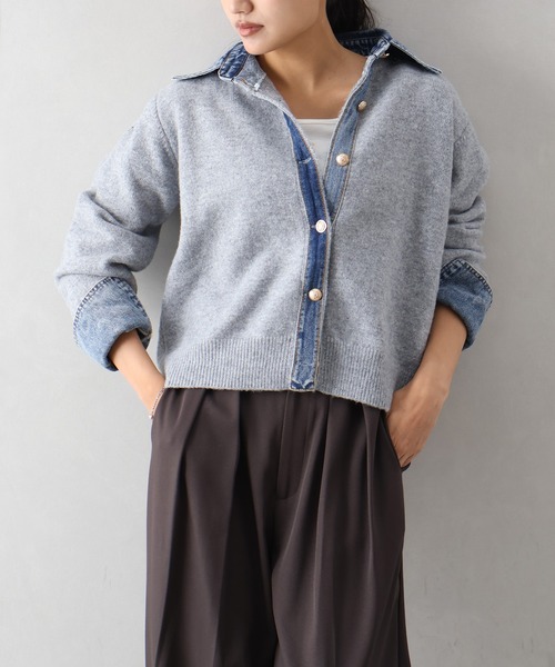 SpRay(スプレイ)の「【デニムMIXでこなれ感】デニム切替フェイクレイヤードニットカーディガン(カーディガン/ボレロ・レディース・チャコールグレー/ネイビー/グレー/ボルドー/オフホワイト/ブラウン/キャメル・FREE)」の10枚目の写真